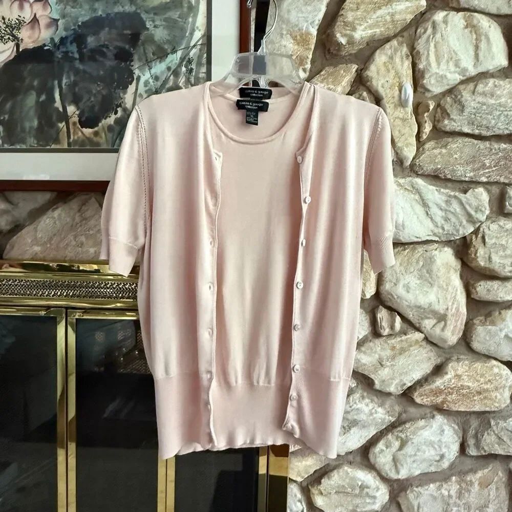 Cable & Gauge 100% silk short sleeve sweater set cottagecore classic preppy old